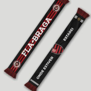 Cachecol Fla-Braga 2025/2026 preto e vermelho com franjas, logo Fla-Braga e escudo do Flamengo