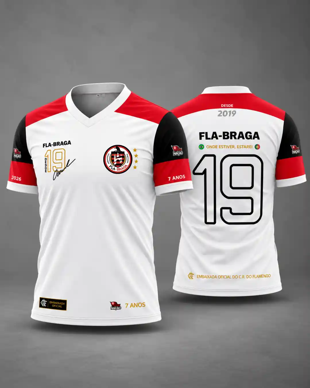 Camisa Fla-Braga 2026 edição especial Raul Plassmann branca apresentada de frente e de costas