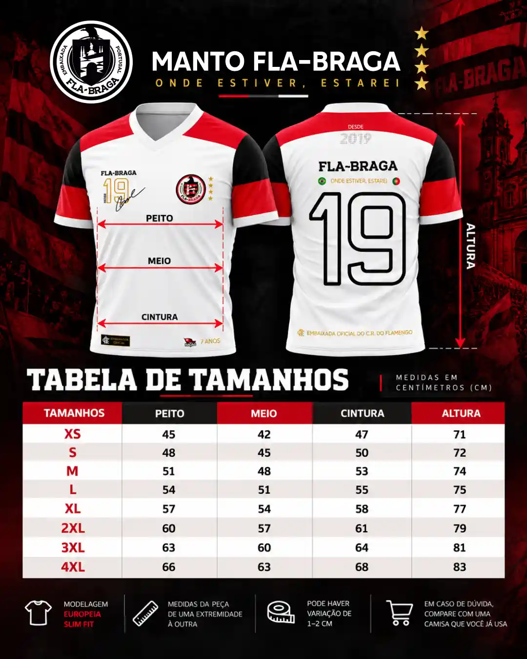 Tabela de tamanhos da Camisa Fla-Braga 2026 do XS ao 4XL com medidas de peito, meio, cintura e altura